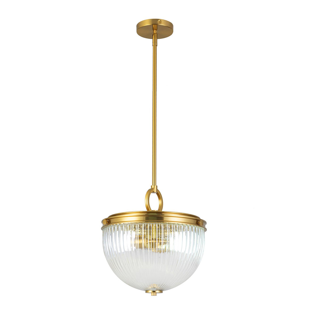 2 Light Pendant, Vintage Brass With Ribbed Glass Glassware