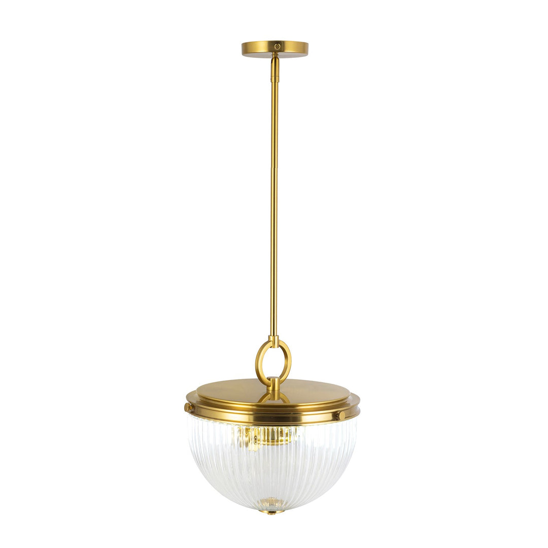 2 Light Pendant, Vintage Brass With Ribbed Glass Glassware