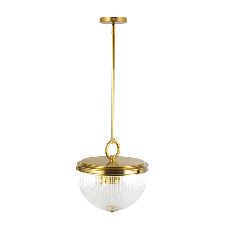 2 Light Pendant, Vintage Brass With Ribbed Glass Glassware