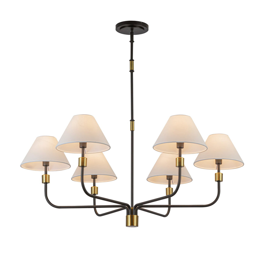 6 Light Chandelier, Black, Brushed Brass
