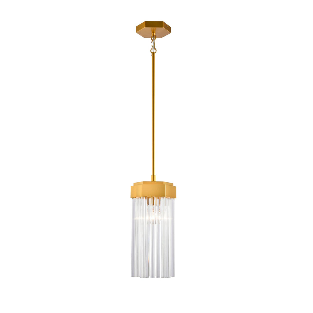 1 Light Pendant, Brushed Brass With Glass Rods