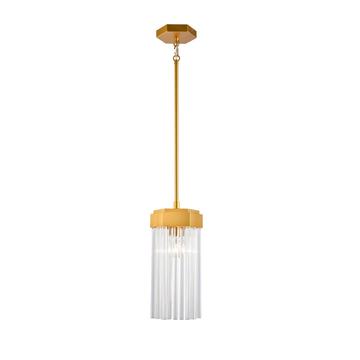 1 Light Pendant, Brushed Brass With Glass Rods