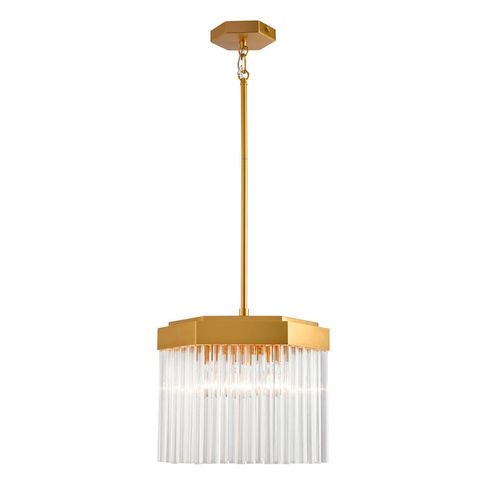 3 Light Pendant, Brushed Brass With Glass Rods