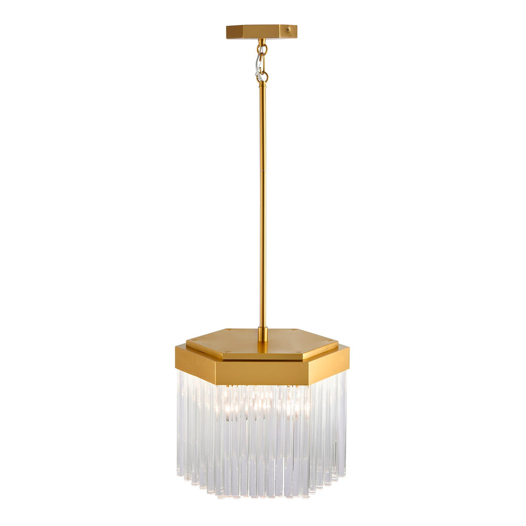 3 Light Pendant, Brushed Brass With Glass Rods