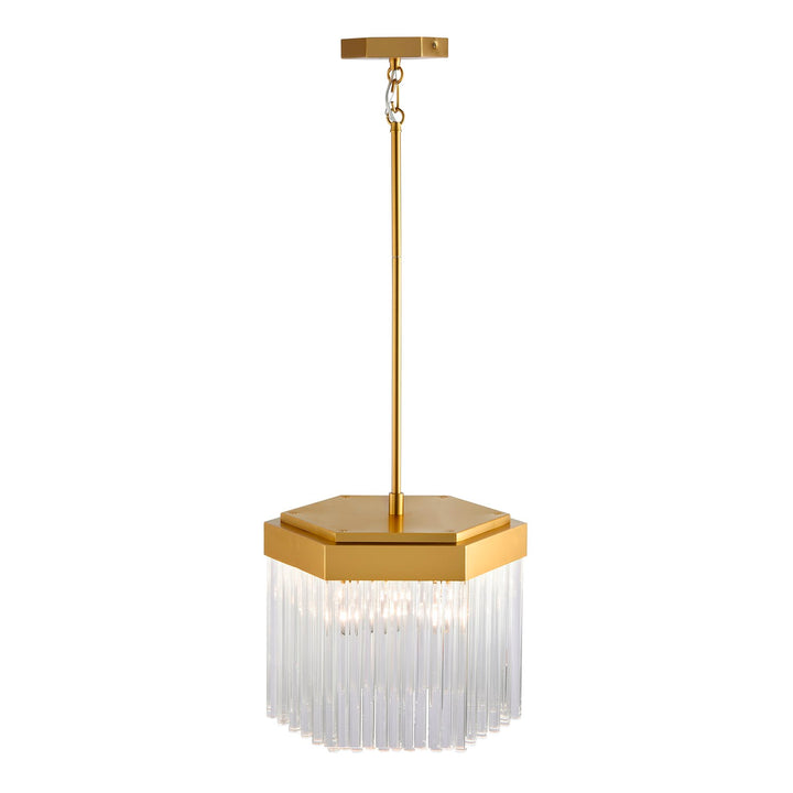 3 Light Pendant, Brushed Brass With Glass Rods