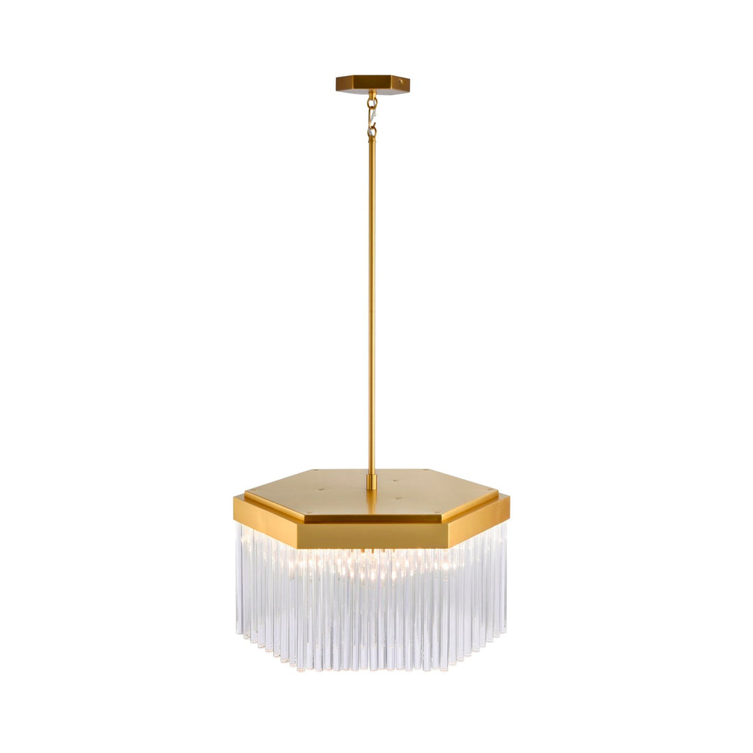 7 Light Chandelier, Brushed Brass With Glass Rods