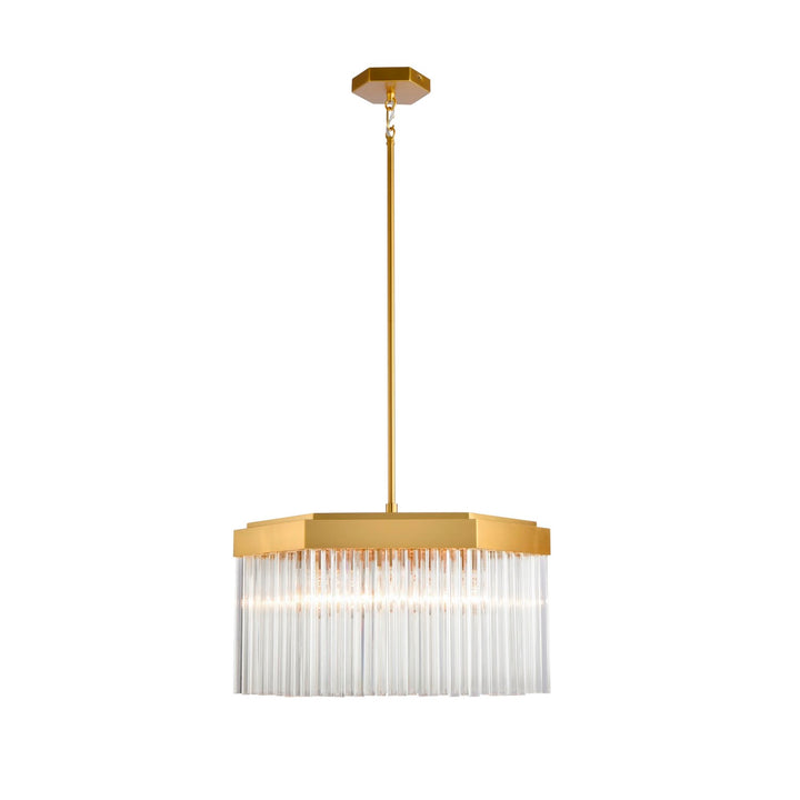 7 Light Chandelier, Brushed Brass With Glass Rods