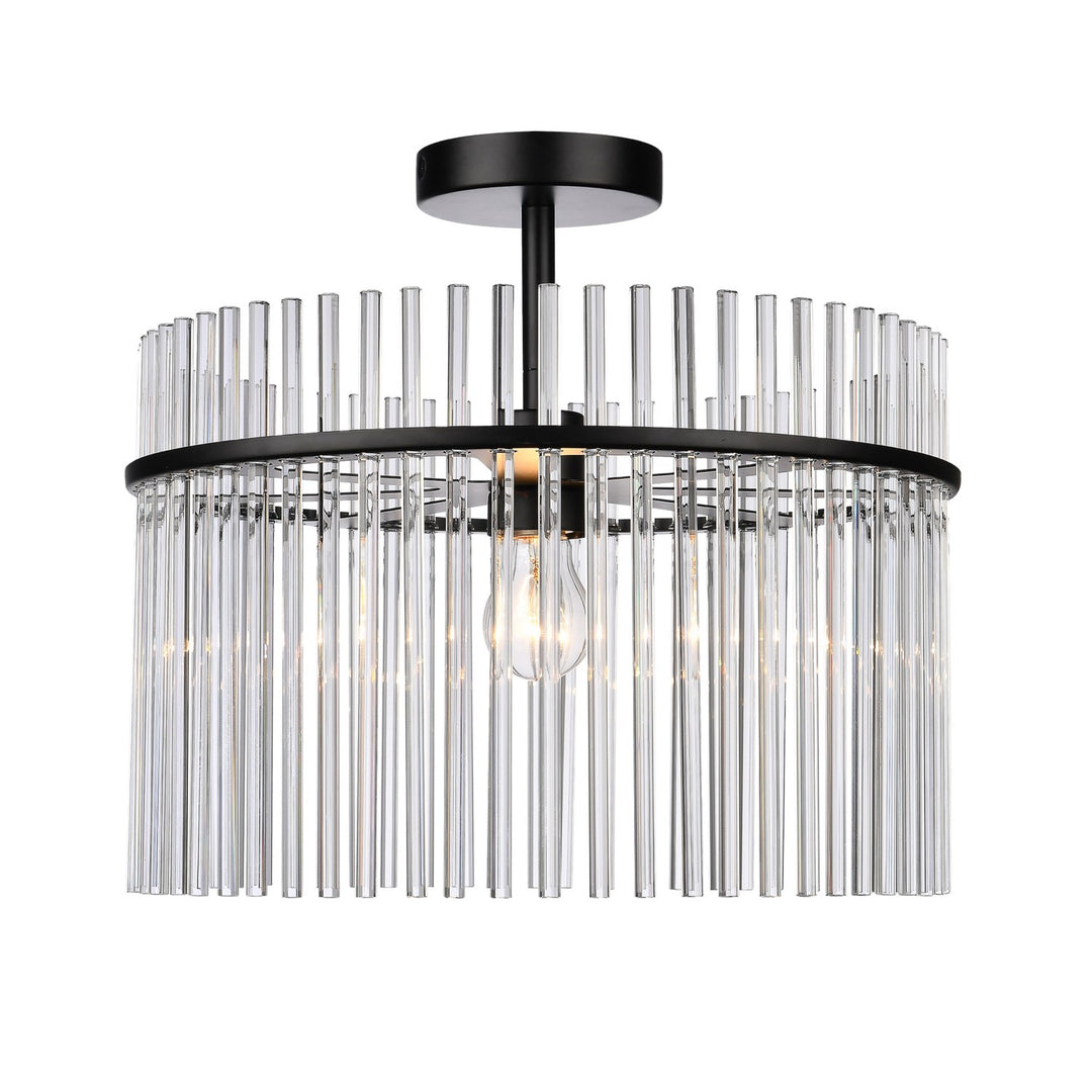 1 Light Semi Flush Mount, Black With Glass Rods
