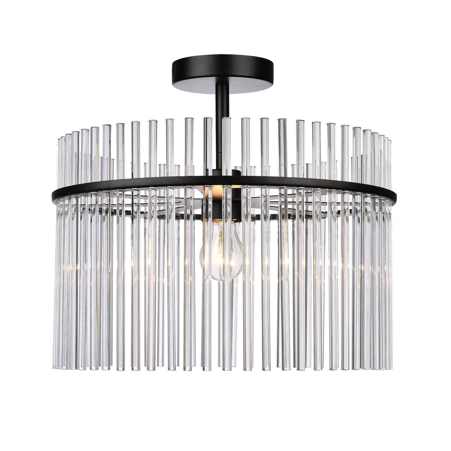 1 Light Semi Flush Mount, Black With Glass Rods