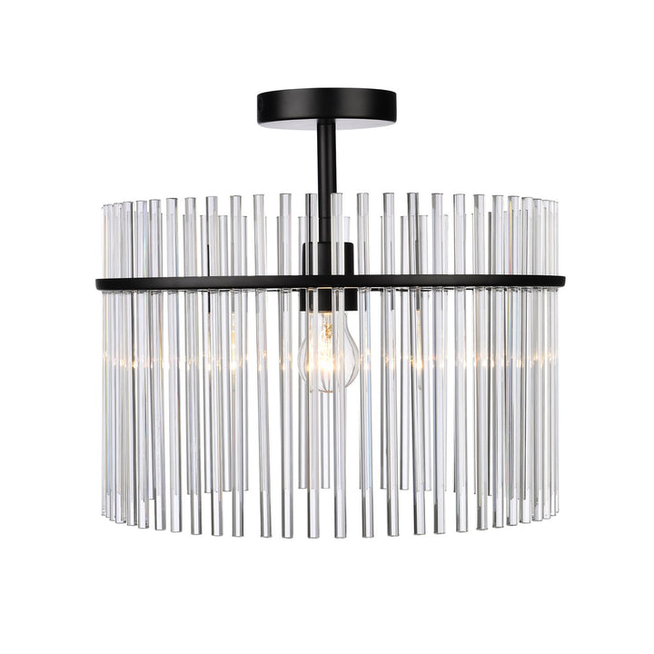 1 Light Semi Flush Mount, Black With Glass Rods