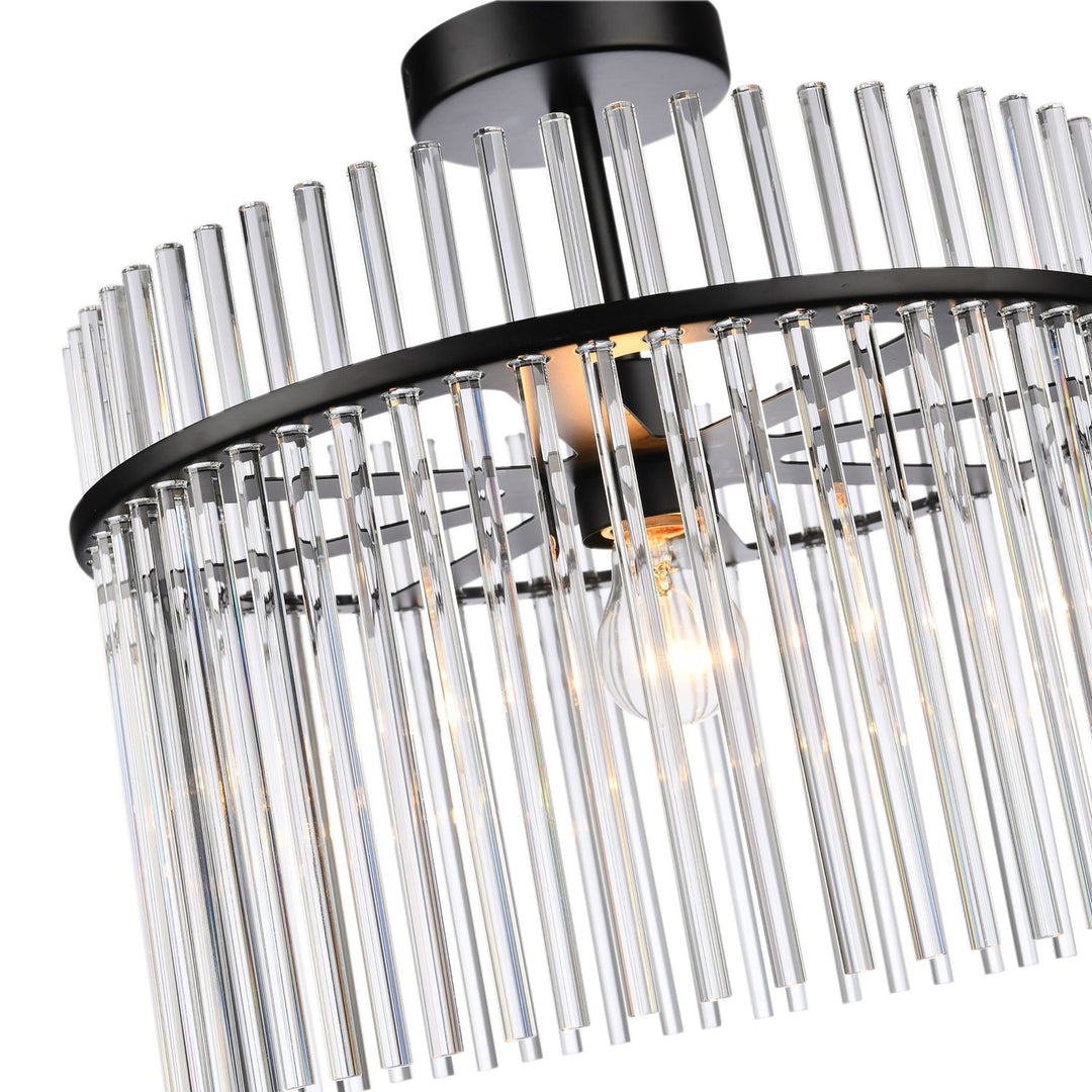 1 Light Semi Flush Mount, Black With Glass Rods