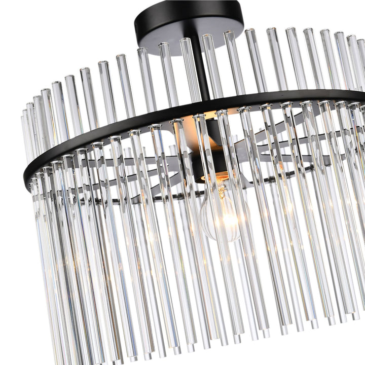 1 Light Semi Flush Mount, Black With Glass Rods