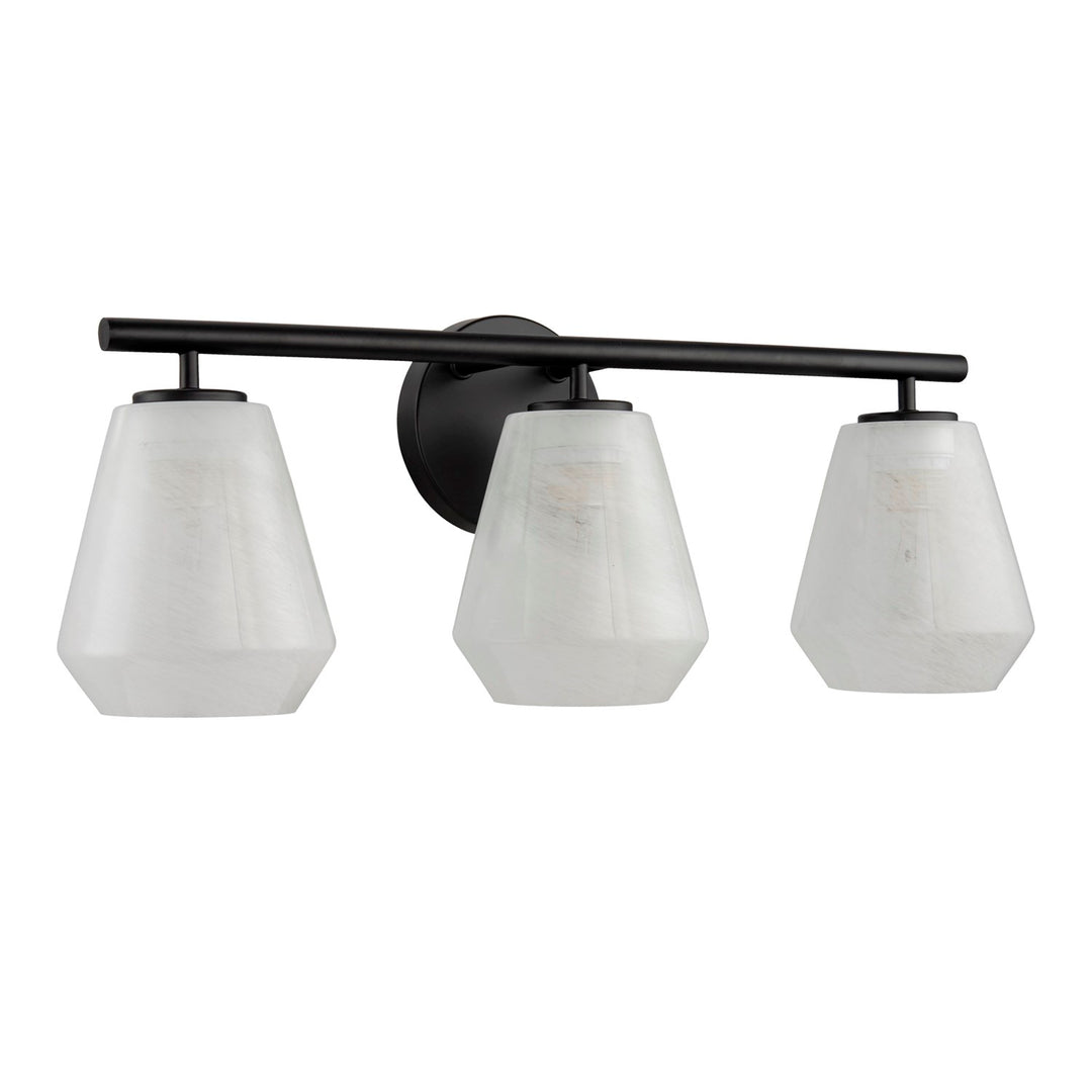 3 Light Bathroom Vanity, Black With Wispy White Glassware