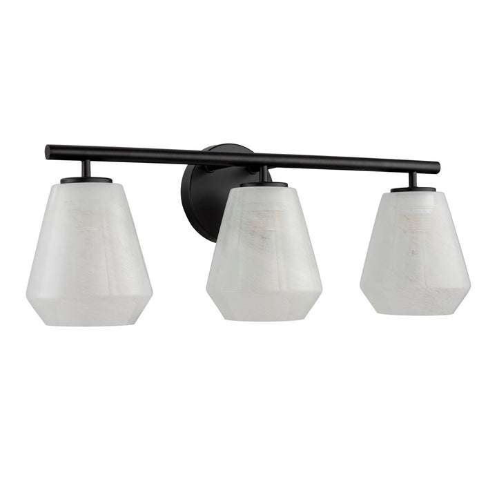 3 Light Bathroom Vanity, Black With Wispy White Glassware