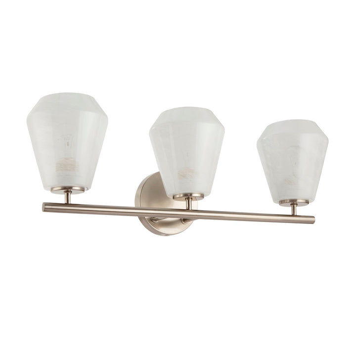 3 Light Bathroom Vanity, Brushed Nickel With Wispy White Glassware
