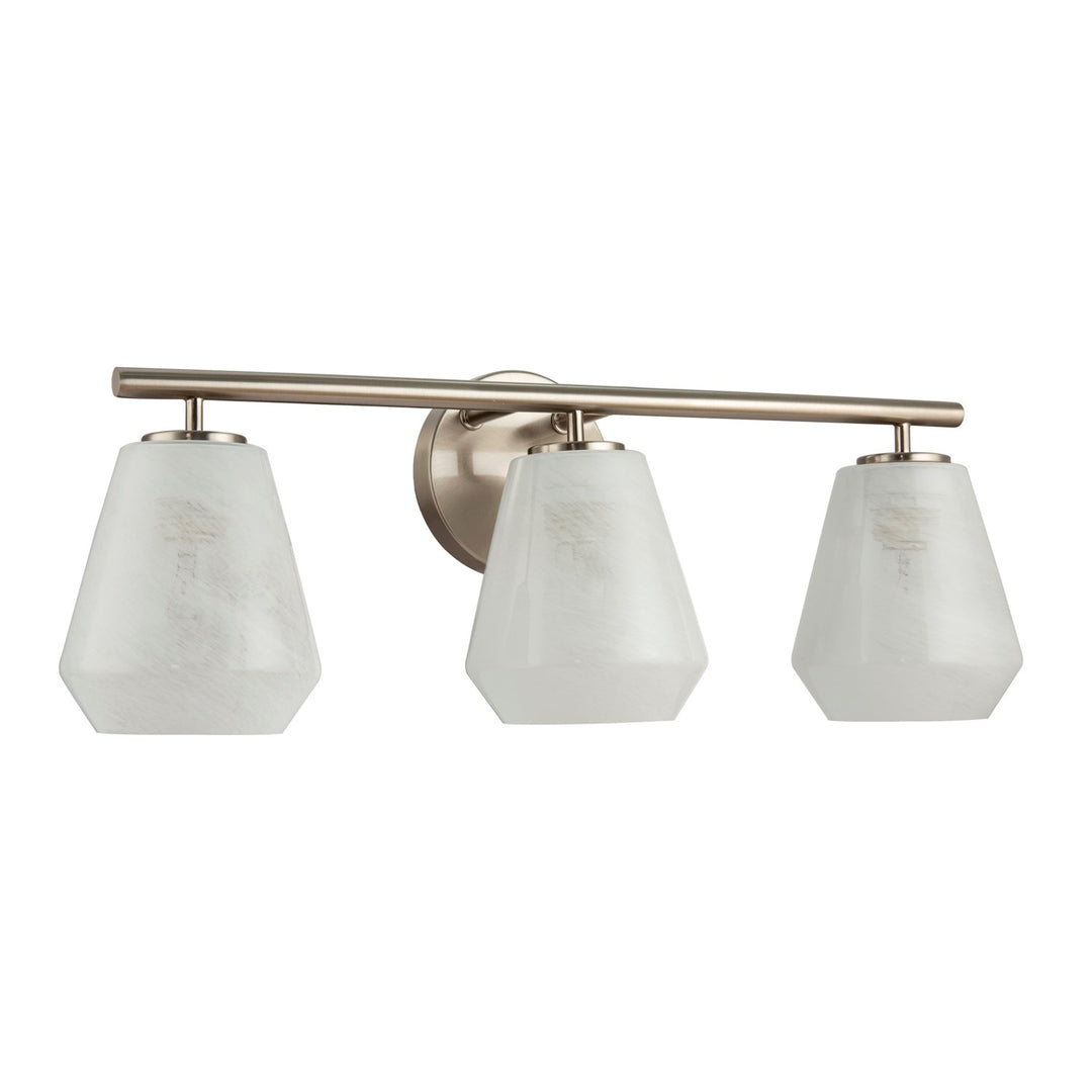 3 Light Bathroom Vanity, Brushed Nickel With Wispy White Glassware