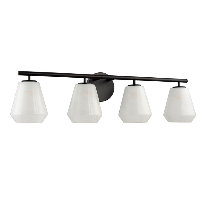 4 Light Bathroom Vanity, Black With Wispy White Glassware