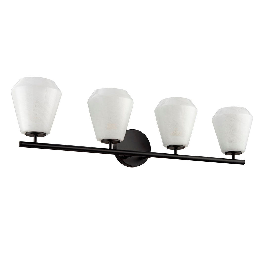 4 Light Bathroom Vanity, Black With Wispy White Glassware