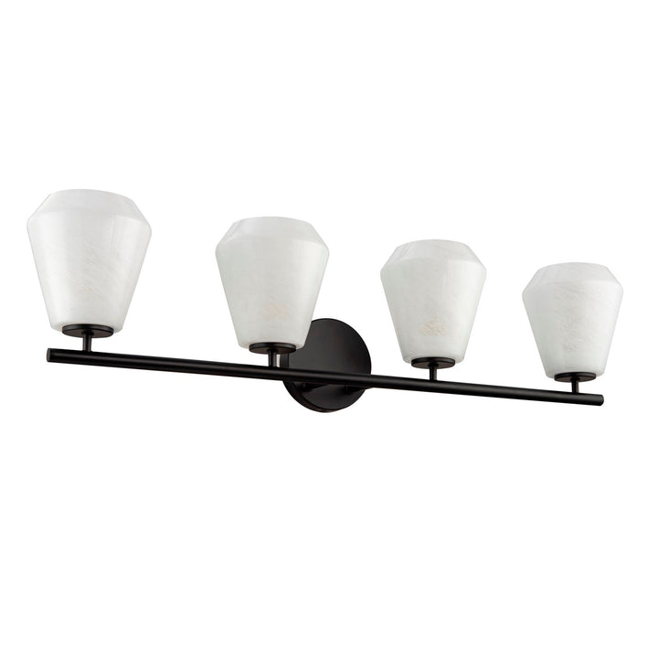 4 Light Bathroom Vanity, Black With Wispy White Glassware
