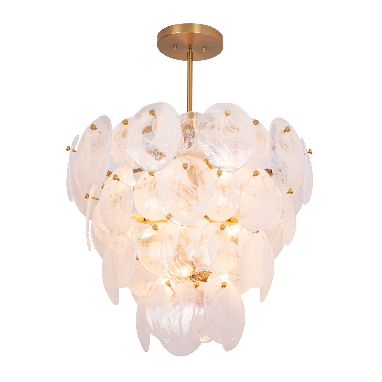 13 Light Chandelier, Brushed Brass With Wispy White Murano Style Glass by Artcraft