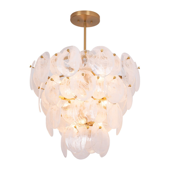13 Light Chandelier, Brushed Brass With Wispy White Murano Style Glass by Artcraft