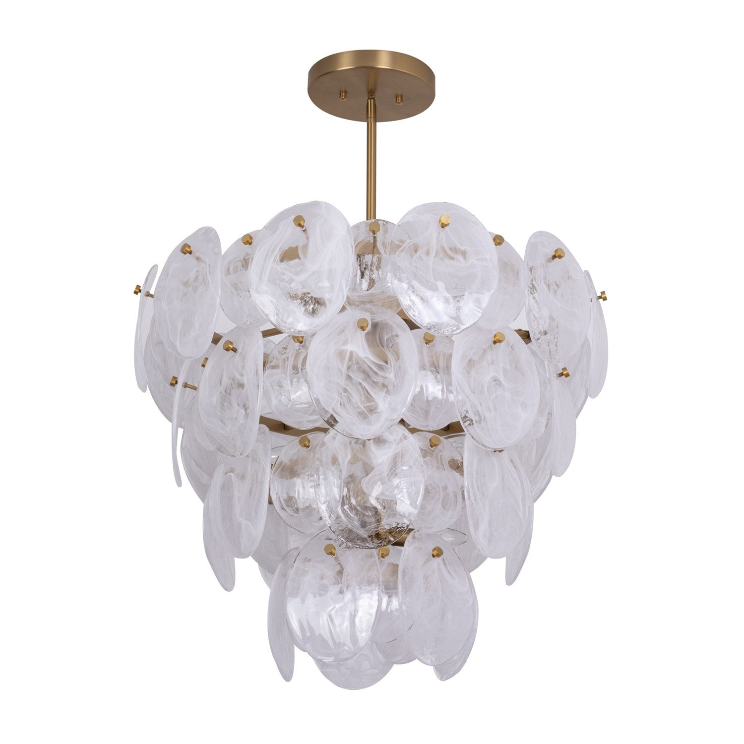 13 Light Chandelier, Brushed Brass With Wispy White Murano Style Glass