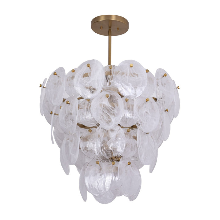13 Light Chandelier, Brushed Brass With Wispy White Murano Style Glass
