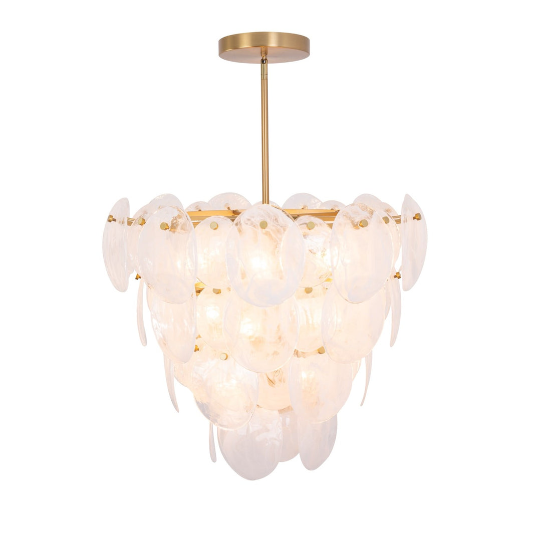 13 Light Chandelier, Brushed Brass With Wispy White Murano Style Glass