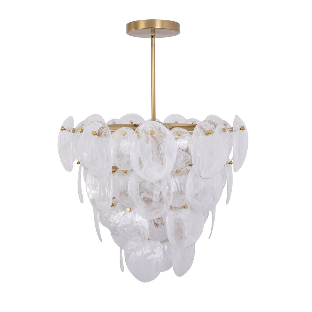 13 Light Chandelier, Brushed Brass With Wispy White Murano Style Glass