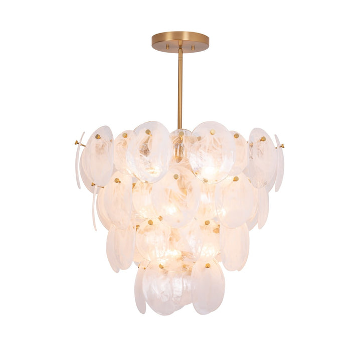 13 Light Chandelier, Brushed Brass With Wispy White Murano Style Glass