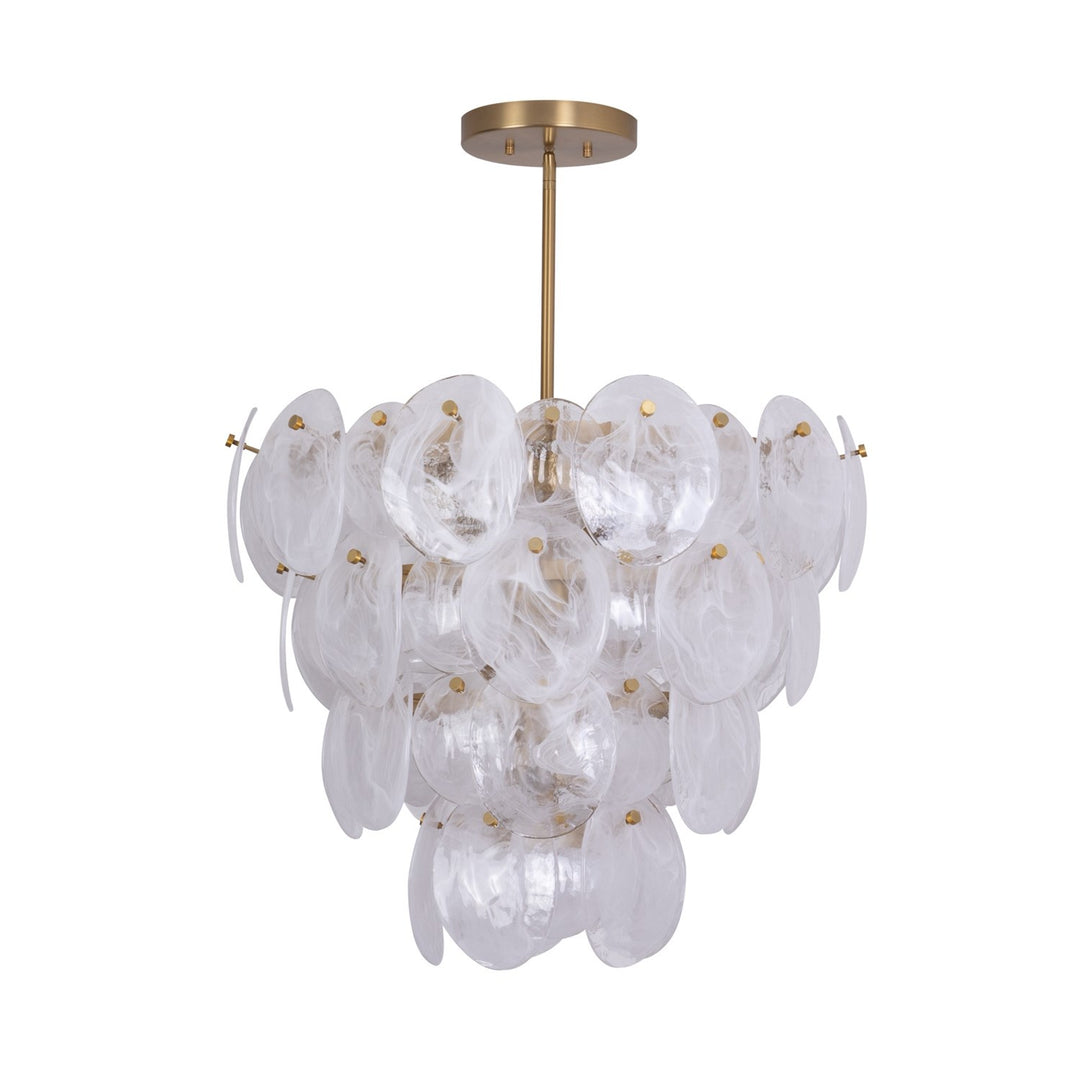 13 Light Chandelier, Brushed Brass With Wispy White Murano Style Glass