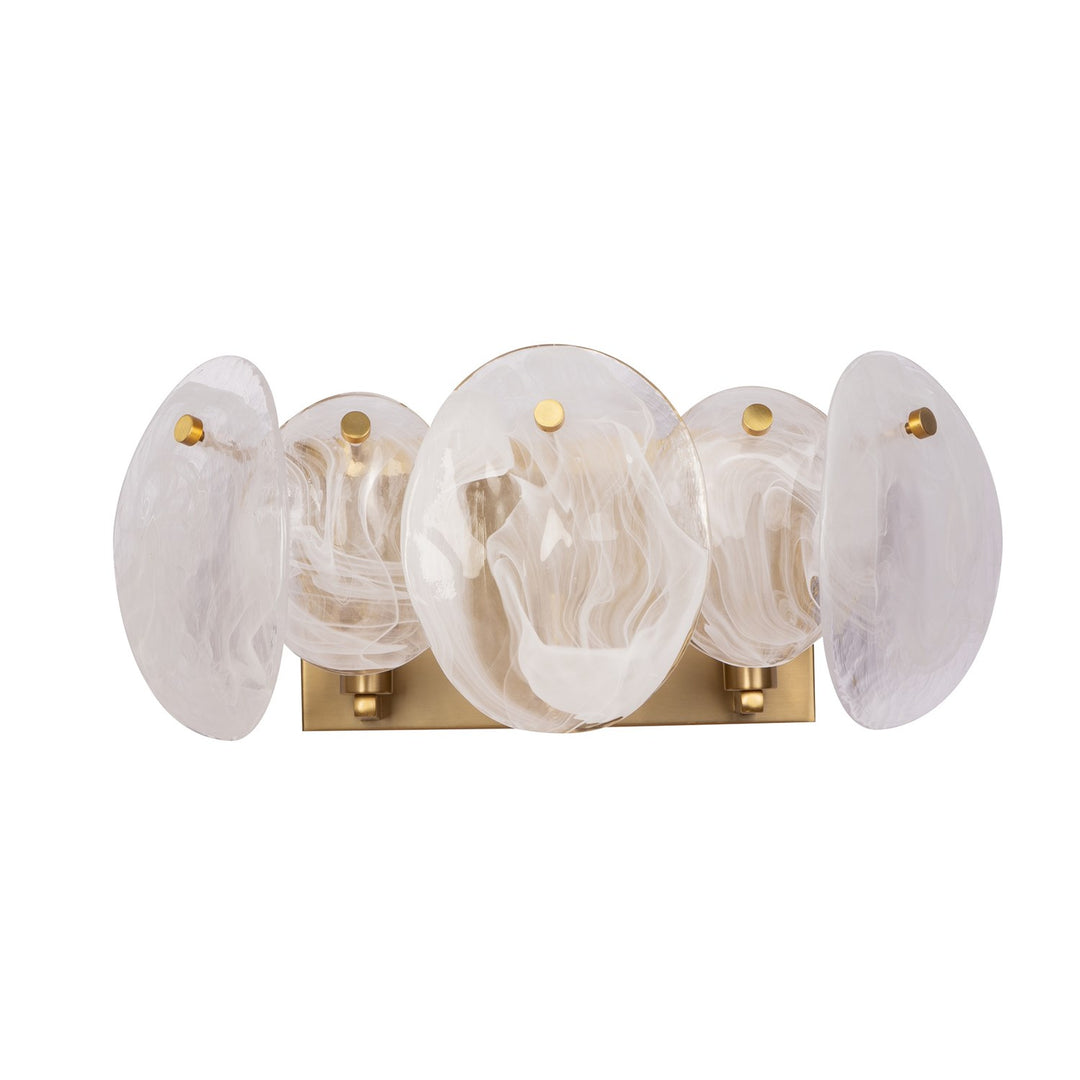 3 Light Bathroom Vanity, Brushed Brass With Wispy White Murano Style Glass