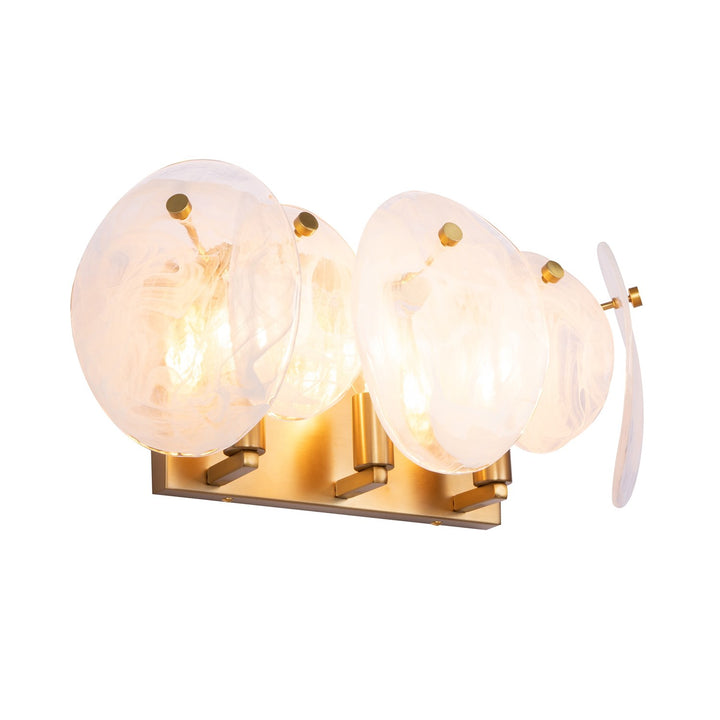 3 Light Bathroom Vanity, Brushed Brass With Wispy White Murano Style Glass