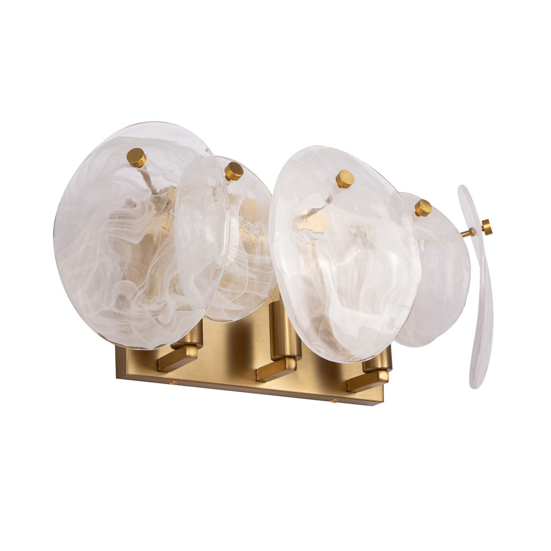 3 Light Bathroom Vanity, Brushed Brass With Wispy White Murano Style Glass
