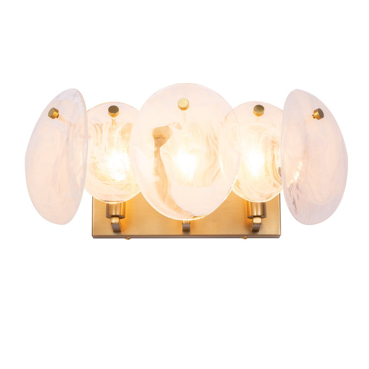 3 Light Bathroom Vanity, Brushed Brass With Wispy White Murano Style Glass
