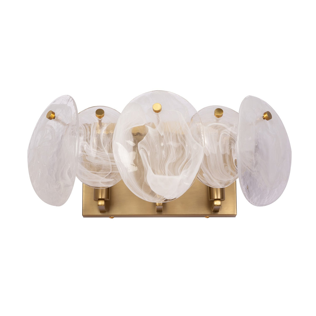 3 Light Bathroom Vanity, Brushed Brass With Wispy White Murano Style Glass