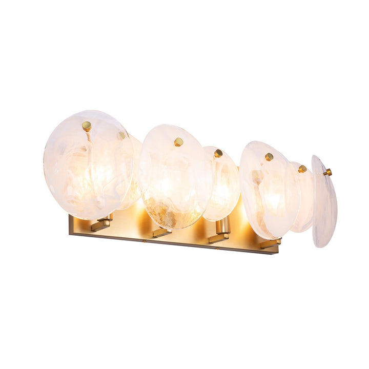 4 Light Bathroom Vanity, Brushed Brass With Wispy White Murano Style Glass