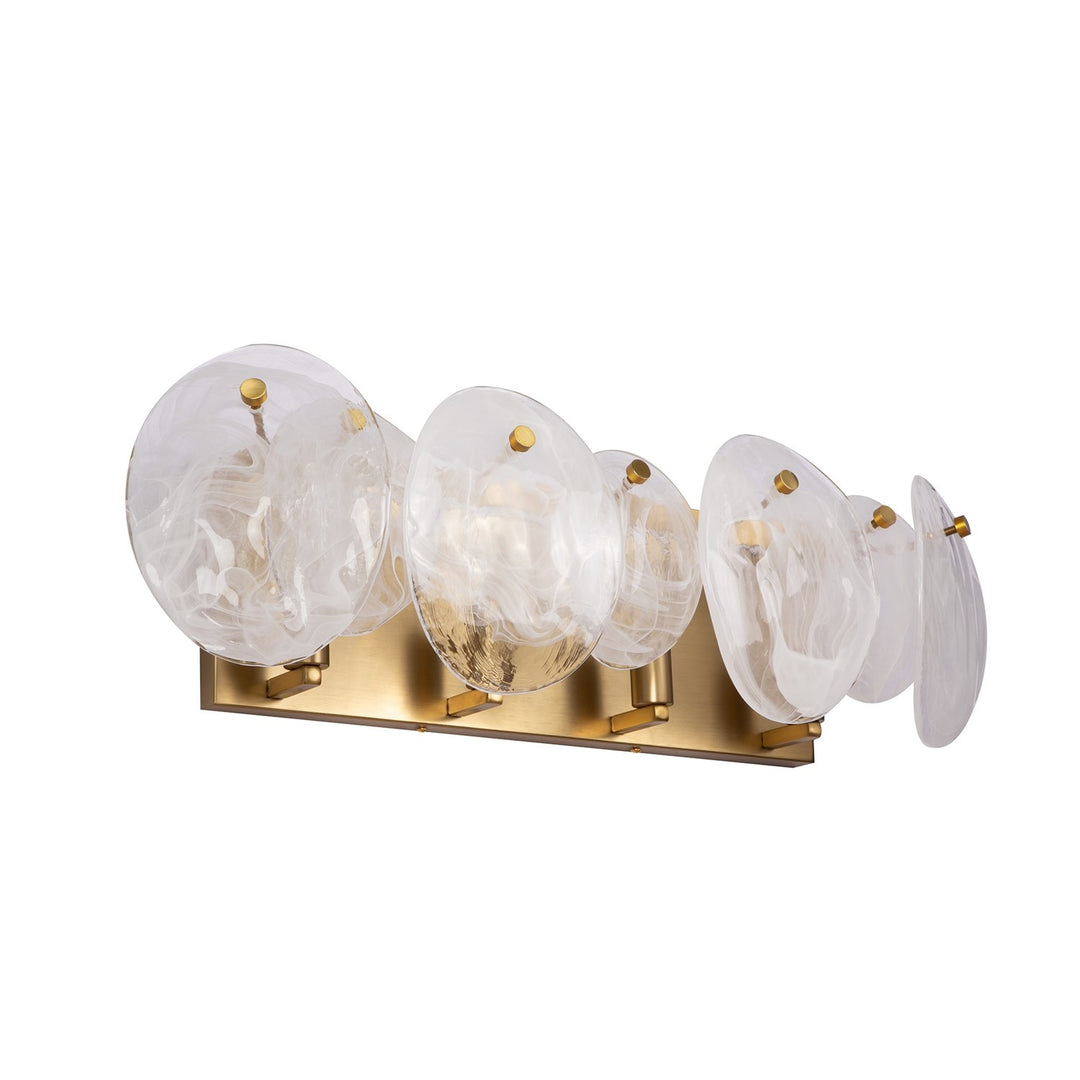 4 Light Bathroom Vanity, Brushed Brass With Wispy White Murano Style Glass