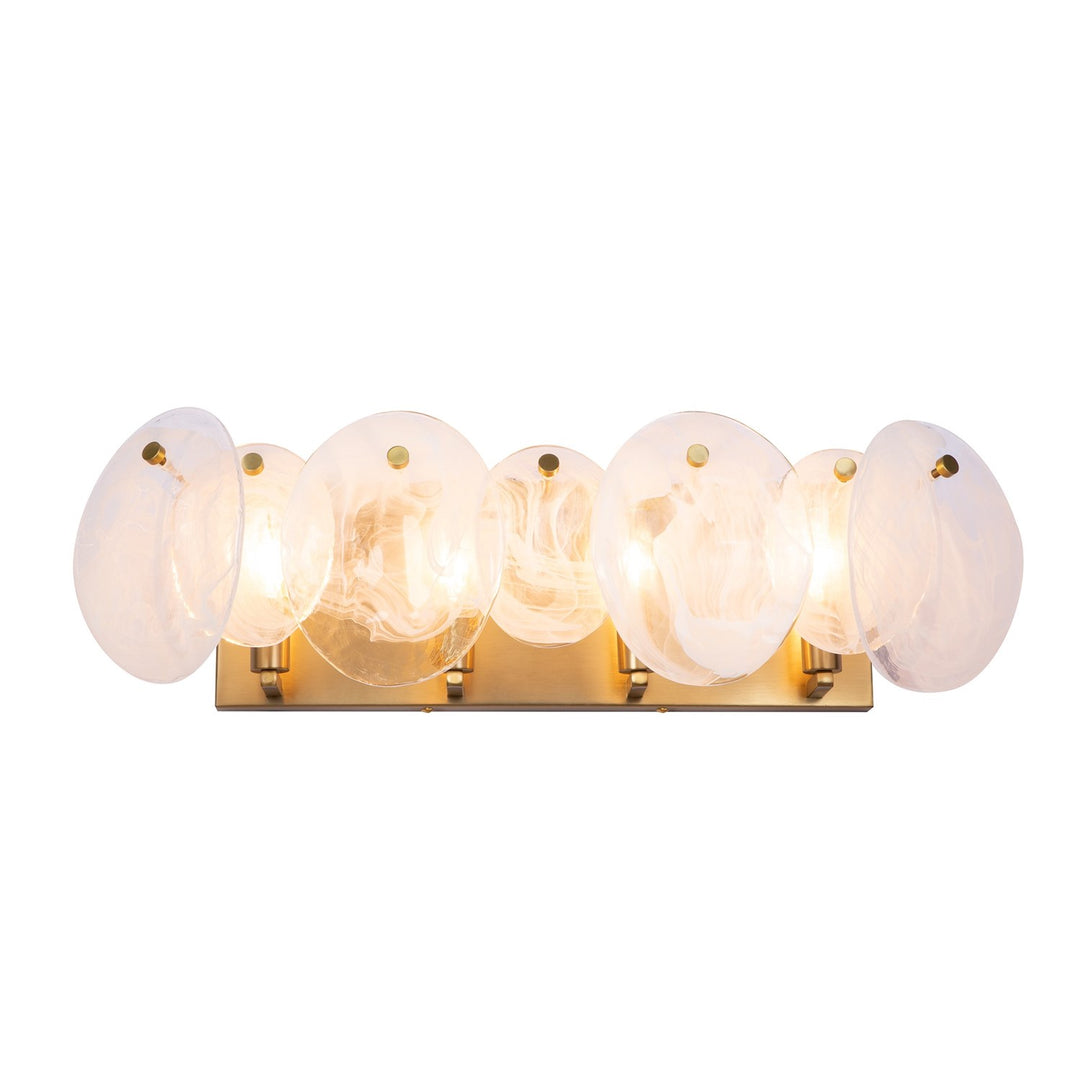 4 Light Bathroom Vanity, Brushed Brass With Wispy White Murano Style Glass