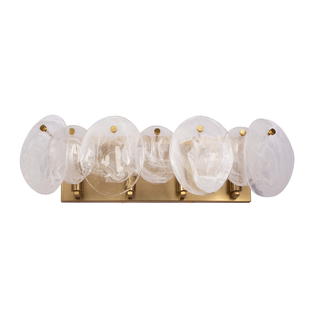 4 Light Bathroom Vanity, Brushed Brass With Wispy White Murano Style Glass