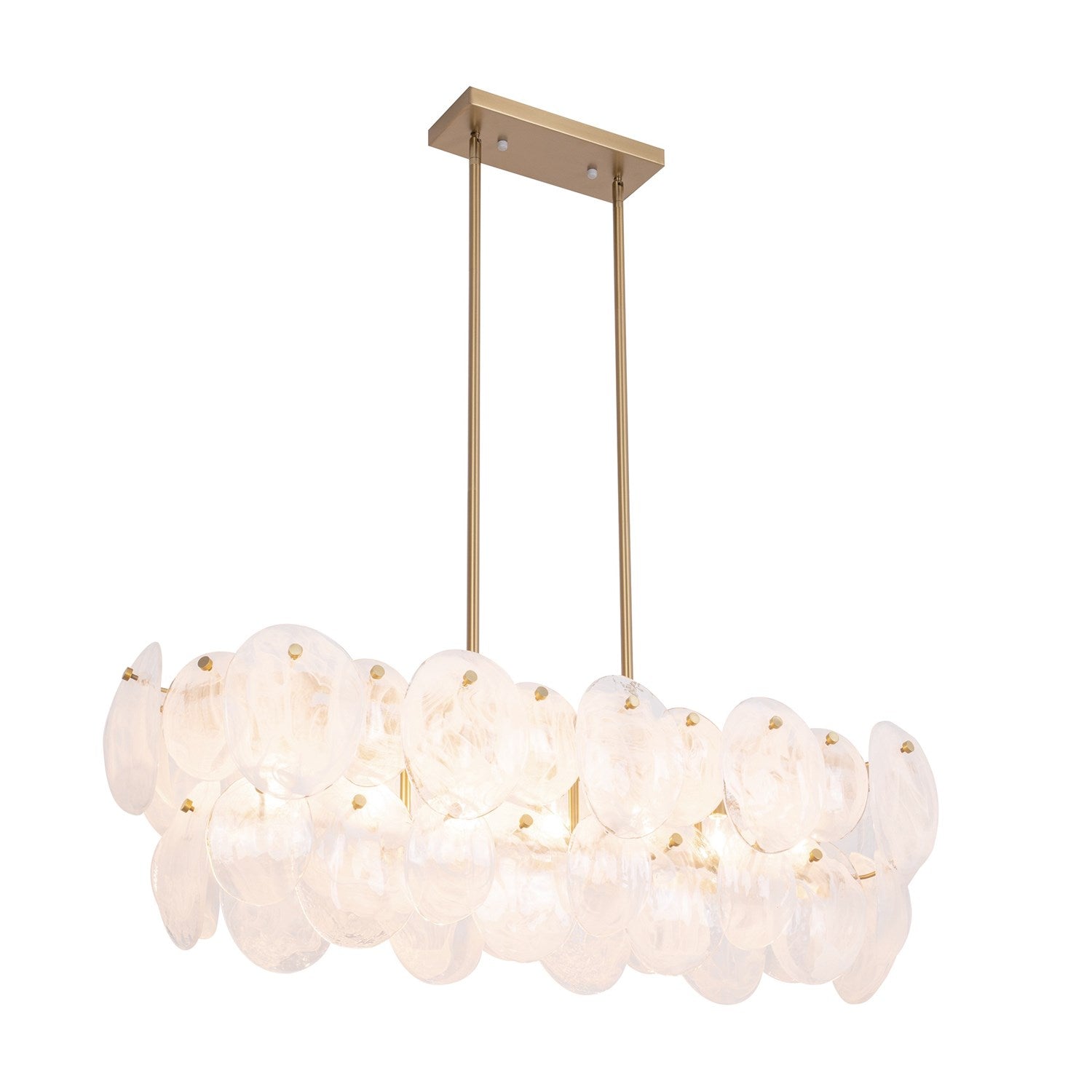 7 Light Island Light, Brushed Brass With Wispy White Murano Style Glass by Artcraft