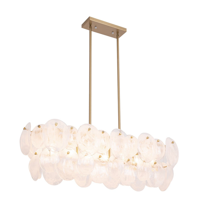 7 Light Island Light, Brushed Brass With Wispy White Murano Style Glass by Artcraft
