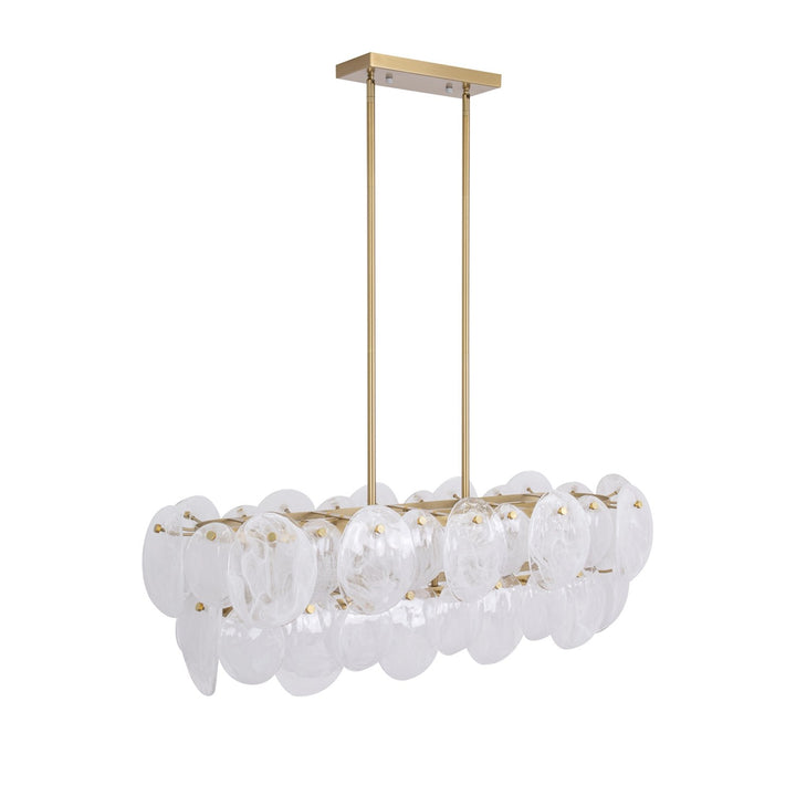7 Light Island Light, Brushed Brass With Wispy White Murano Style Glass