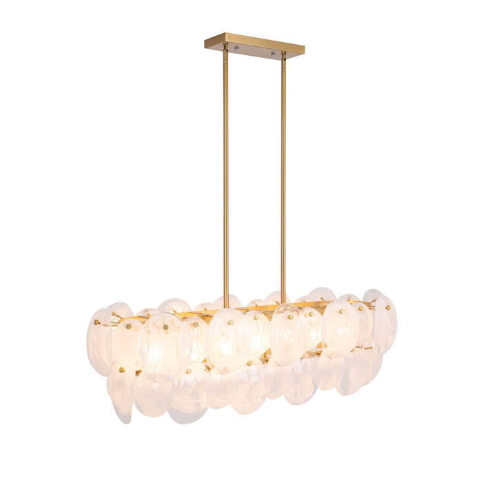 7 Light Island Light, Brushed Brass With Wispy White Murano Style Glass