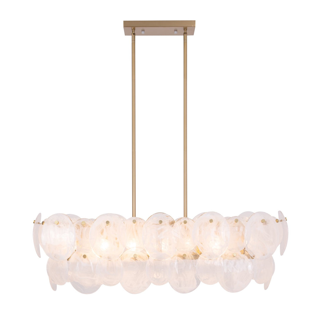 7 Light Island Light, Brushed Brass With Wispy White Murano Style Glass