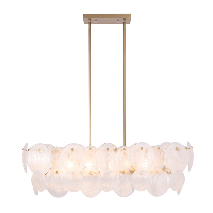 7 Light Island Light, Brushed Brass With Wispy White Murano Style Glass