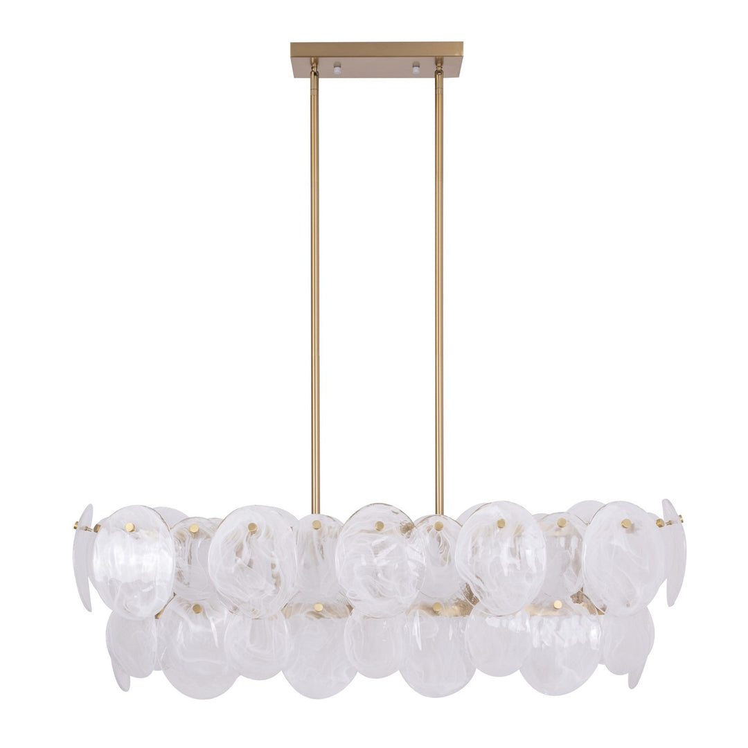 7 Light Island Light, Brushed Brass With Wispy White Murano Style Glass