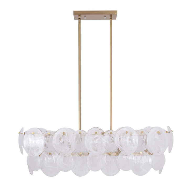 7 Light Island Light, Brushed Brass With Wispy White Murano Style Glass