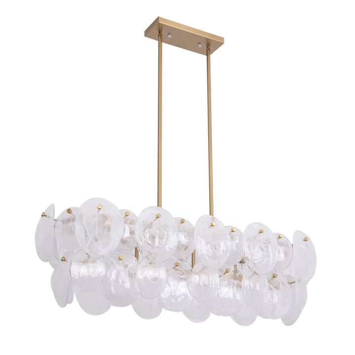 7 Light Island Light, Brushed Brass With Wispy White Murano Style Glass