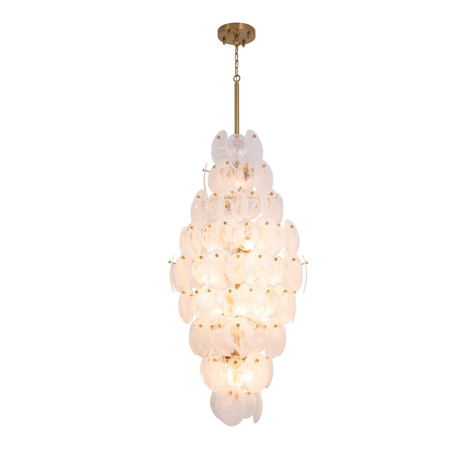 15 Light Chandelier, Brushed Brass With Wispy White Murano Style Glass by Artcraft